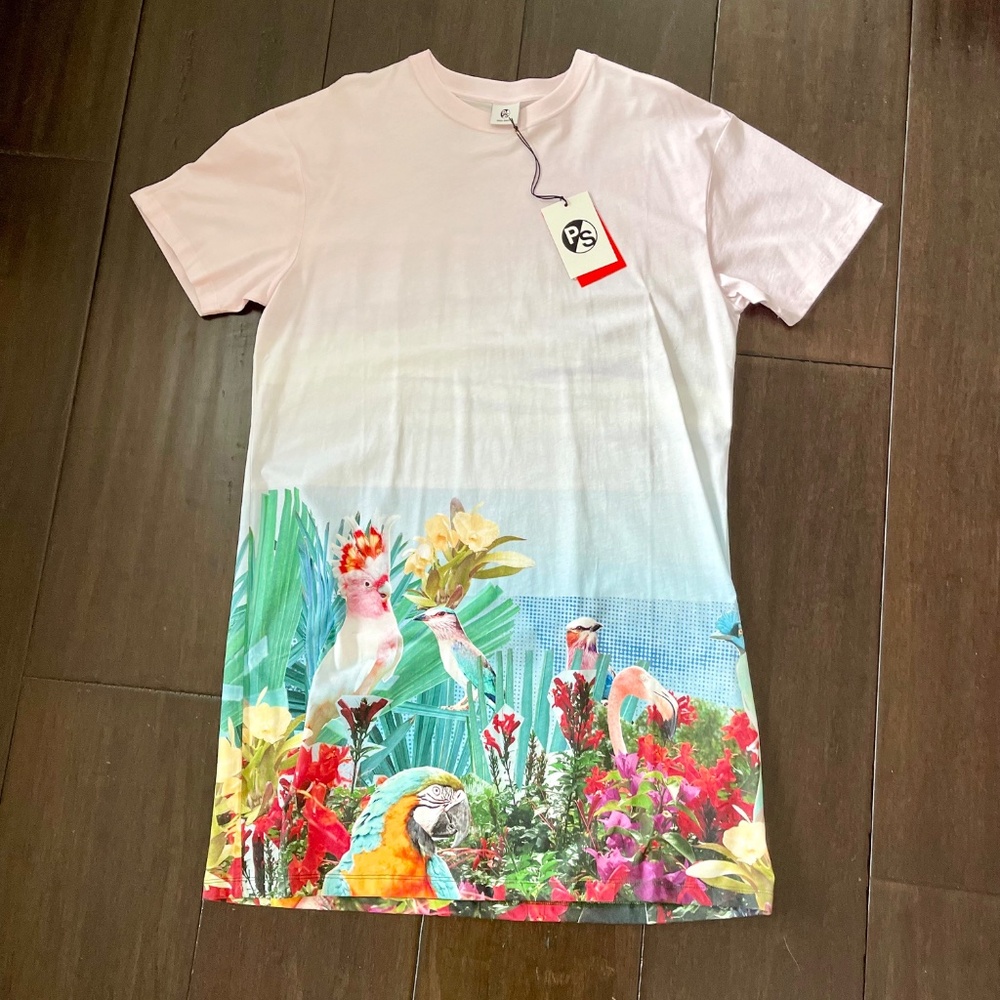 Paul Smith, NWT, Exotic Bird/Flora Graphic Print , T-Shirt Dress ~ Size L - Picture 2 of 8